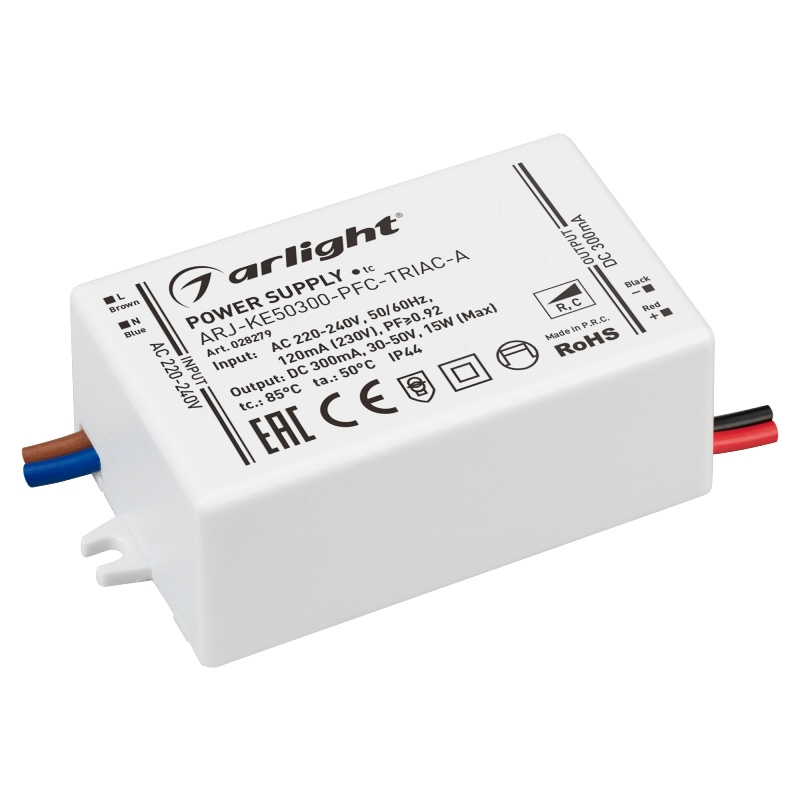 Блок питания ARJ-KE50300-PFC-TRIAC-A 15W 300mA Arlight IP44 Пластик арт.028279