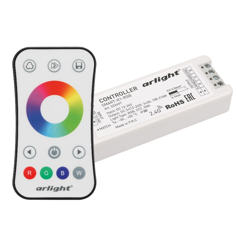 Контроллер с пультом для диодной ленты SMART-RGB-SET-RING 12-24V 3x3A, ПДУ 2.4G Arlight IP20 Пластик арт.034807